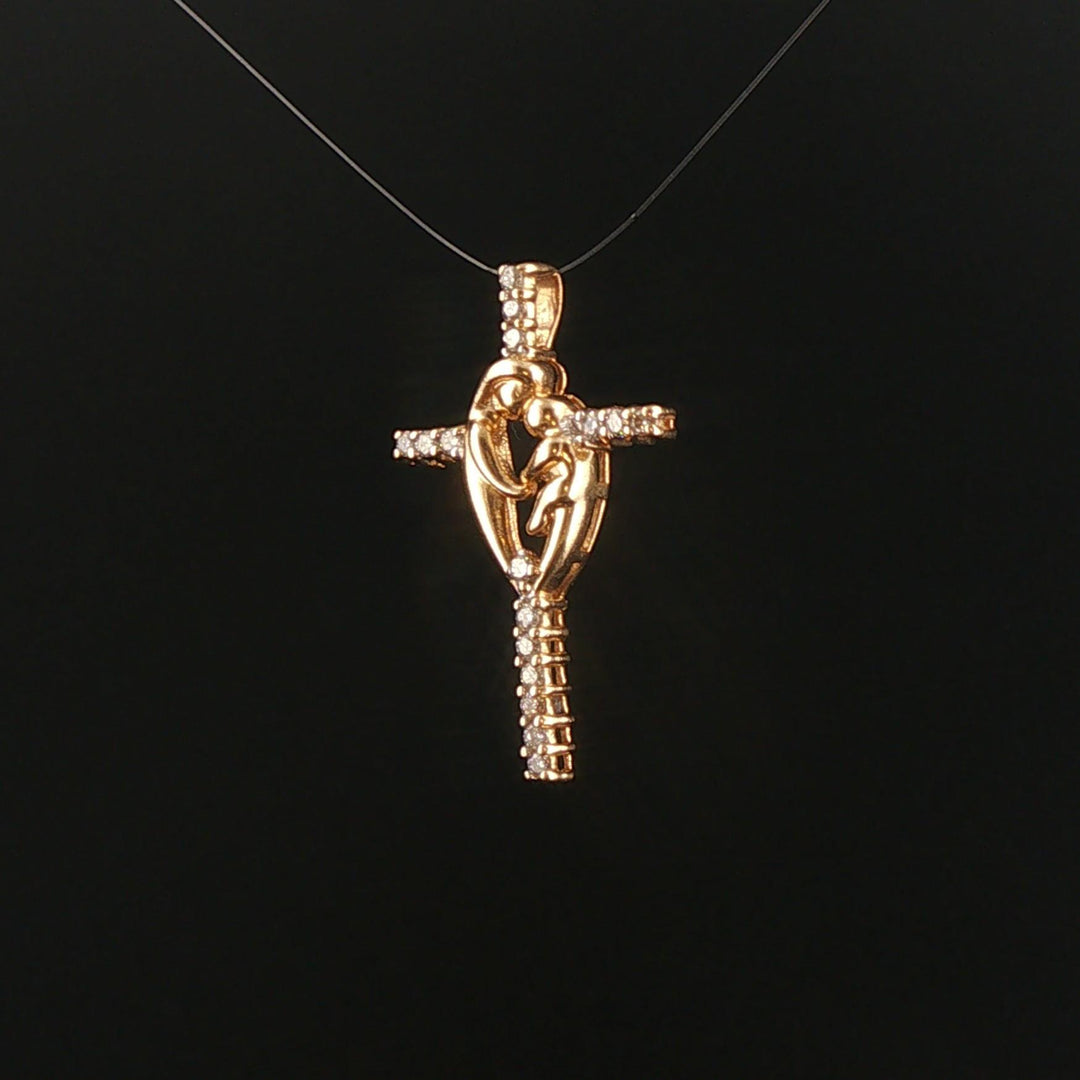 14k Yellow Gold and Diamond Mother and Baby Cross Pendant 1.15"