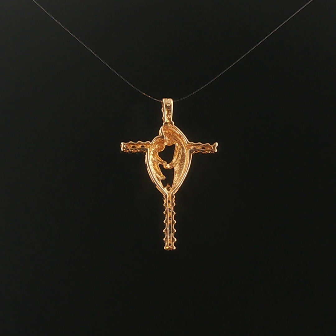 14k Yellow Gold and Diamond Mother and Baby Cross Pendant 1.15"