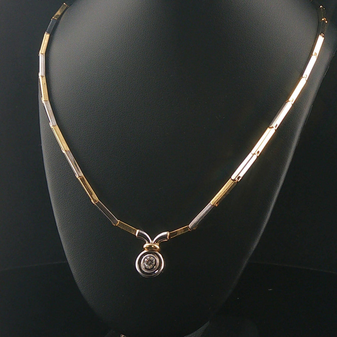18k Yellow and White Gold 0.18ctt Diamond Pendant Bar Link Collar Necklace 15"