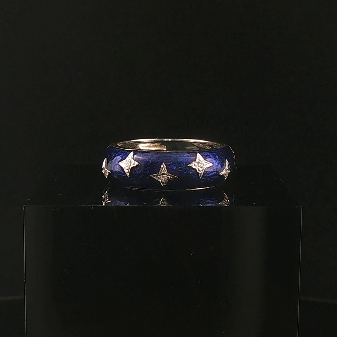 Hidalgo 18k White Gold Diamond and Blue Enamel Star Band Ring Size 6