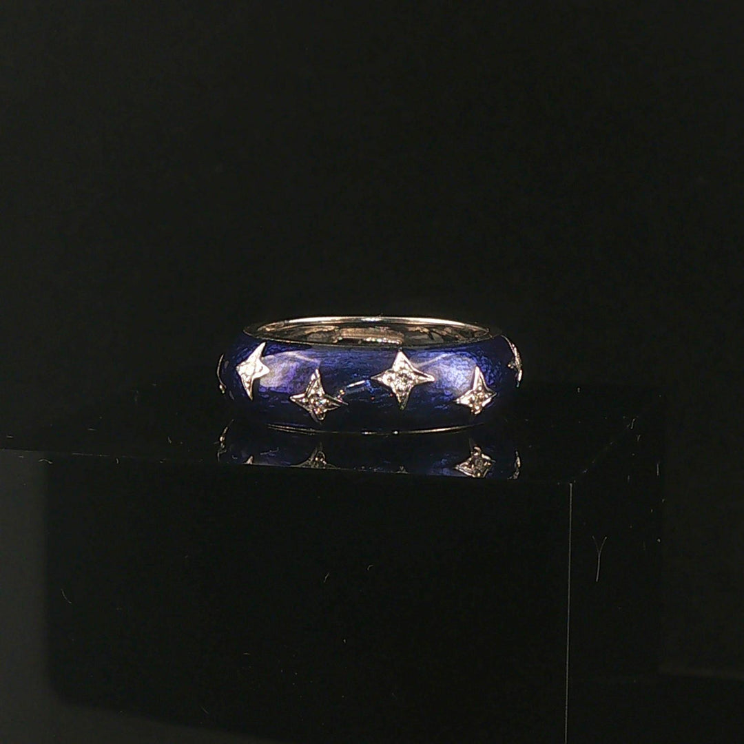 Hidalgo 18k White Gold Diamond and Blue Enamel Star Band Ring Size 6