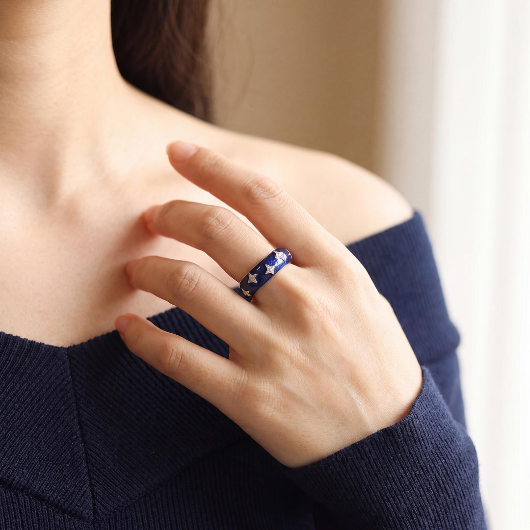 Hidalgo 18k White Gold Diamond and Blue Enamel Star Band Ring Size 6