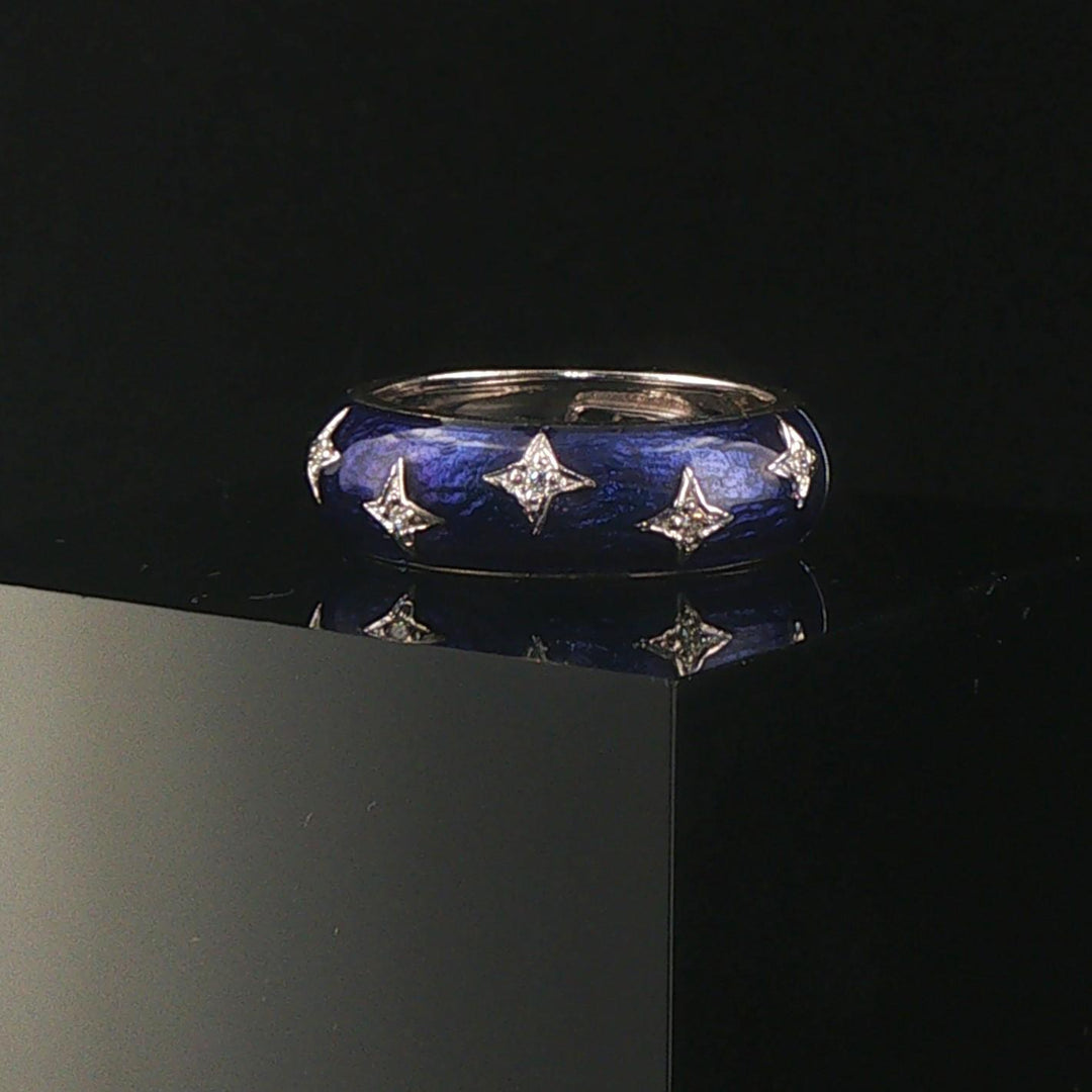 Hidalgo 18k White Gold Diamond and Blue Enamel Star Band Ring Size 6
