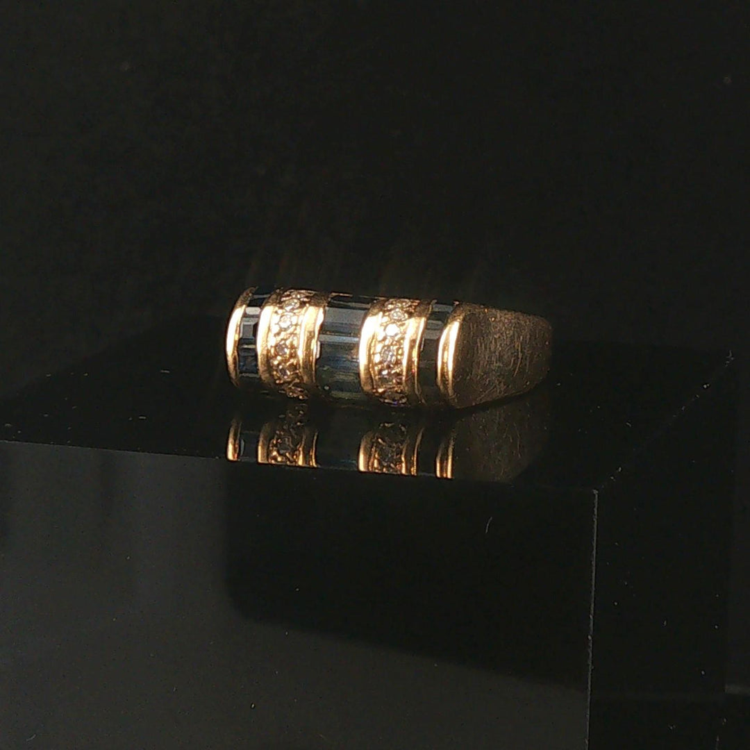 14k Yellow Gold Blue Sapphire and Diamond Domed Square Band Ring Size 6