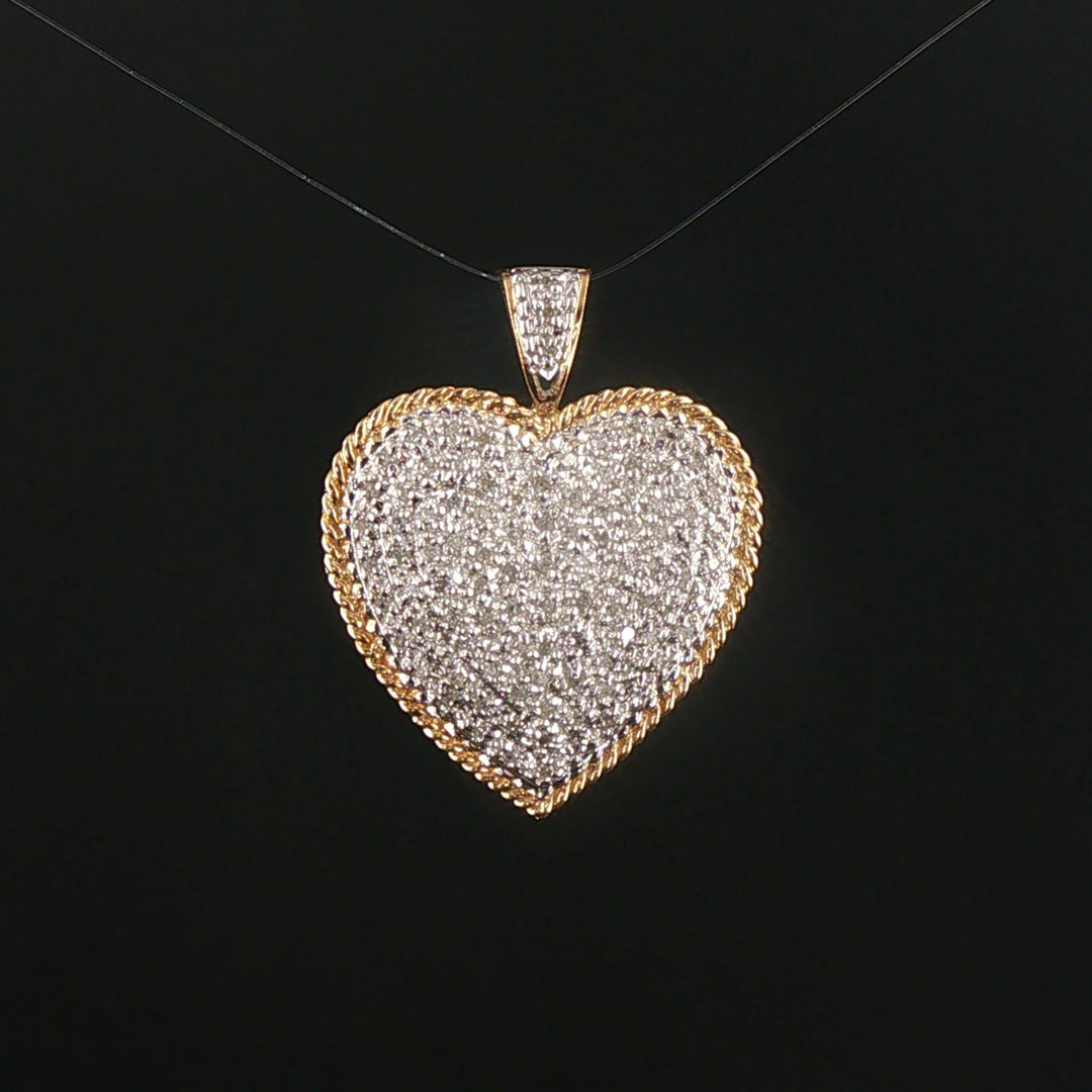 14k Yellow and White Gold 0.50cttw Pave Diamond Vintage Heart Pendant 1.2"