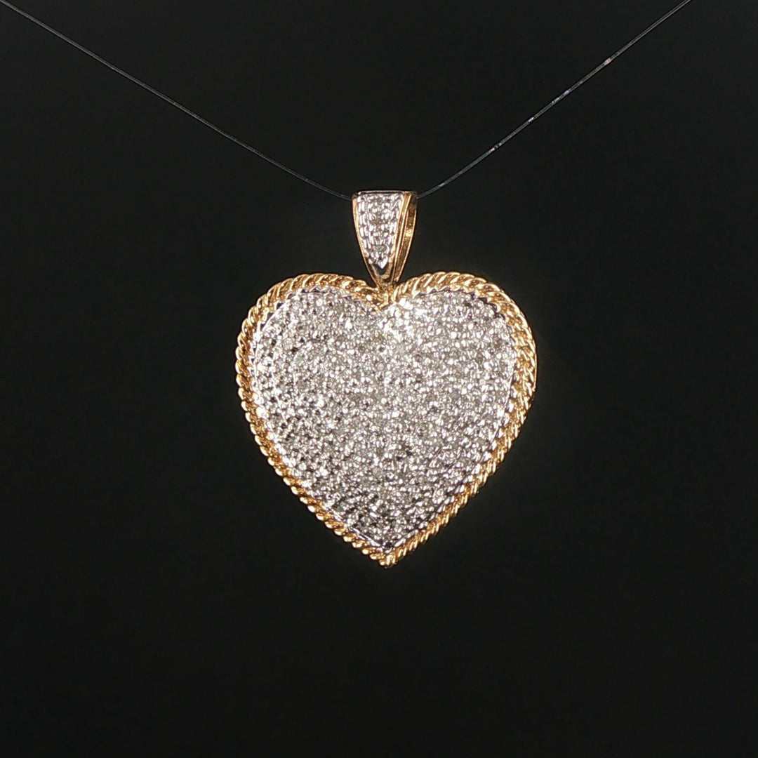 14k Yellow and White Gold 0.50cttw Pave Diamond Vintage Heart Pendant 1.2"