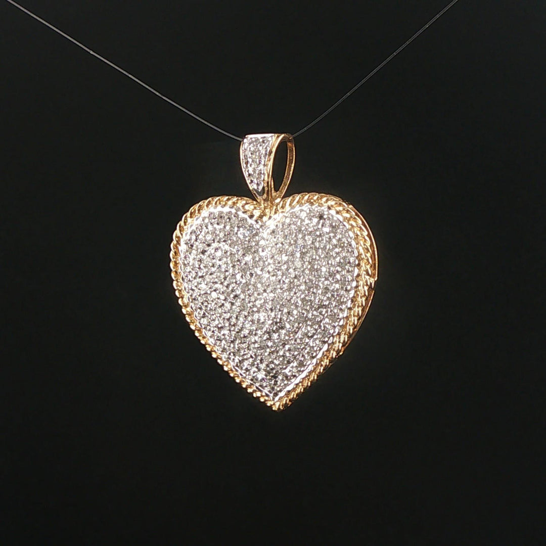 14k Yellow and White Gold 0.50cttw Pave Diamond Vintage Heart Pendant 1.2"