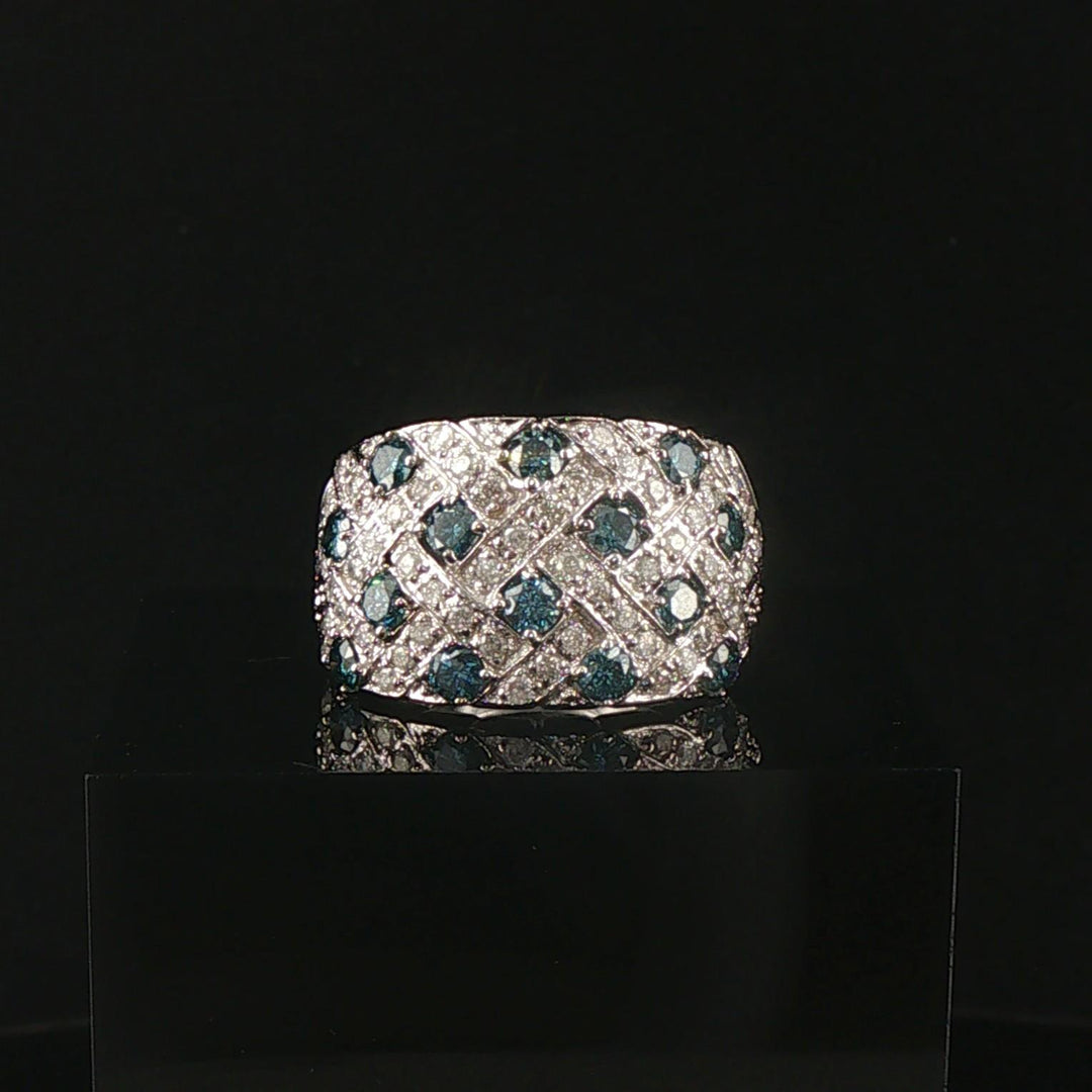 14k White Gold 1.25cttw Blue and White Diamond Wide Band Ring Size 7