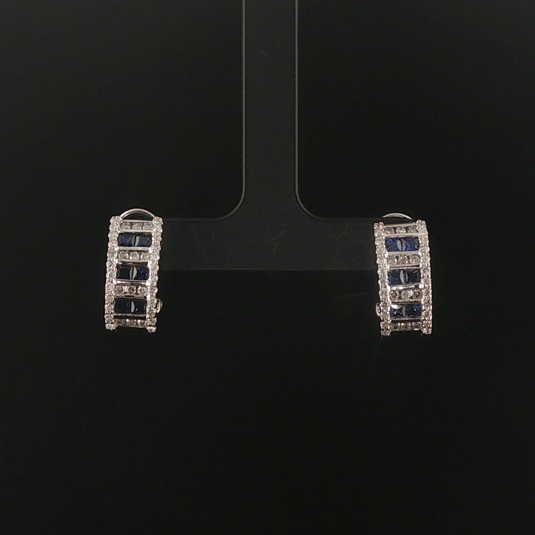 14k White Gold 0.70cttw Diamond and Blue Sapphire Huggie Earrings