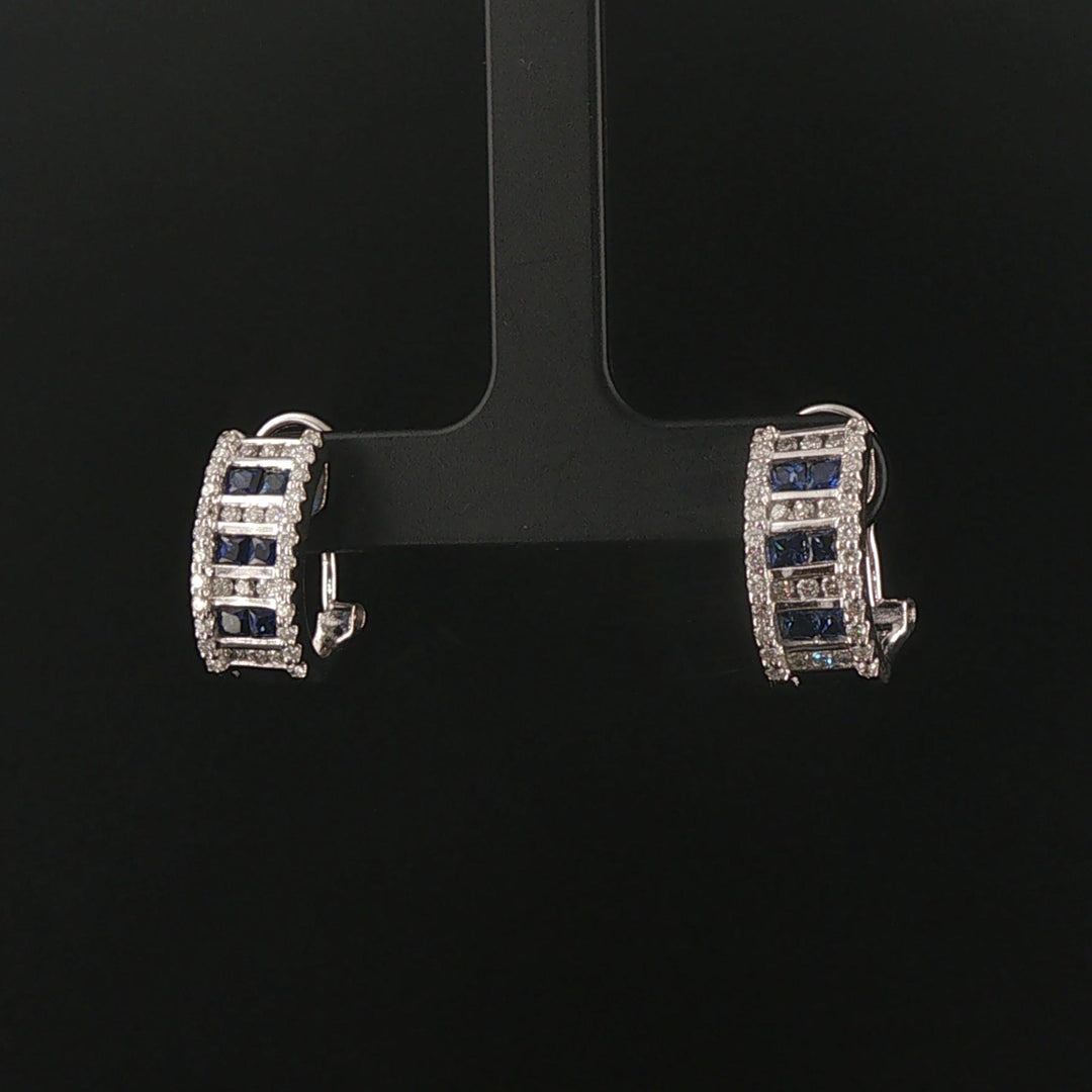 14k White Gold 0.70cttw Diamond and Blue Sapphire Huggie Earrings
