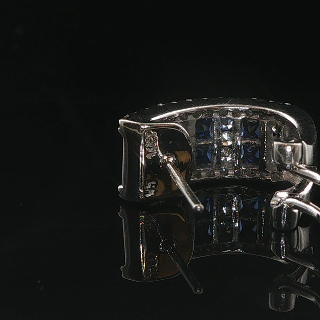 14k White Gold 0.70cttw Diamond and Blue Sapphire Huggie Earrings