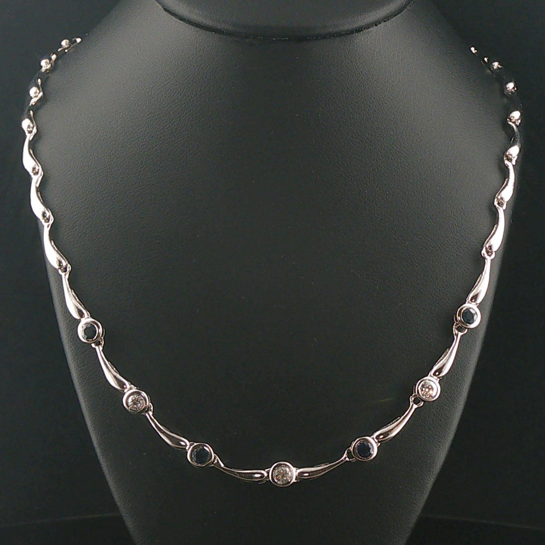 14k White Gold Bezel Set Sapphire and Diamond Fancy Link Necklace 18"