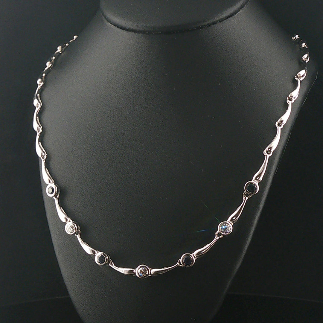 14k White Gold Bezel Set Sapphire and Diamond Fancy Link Necklace 18"