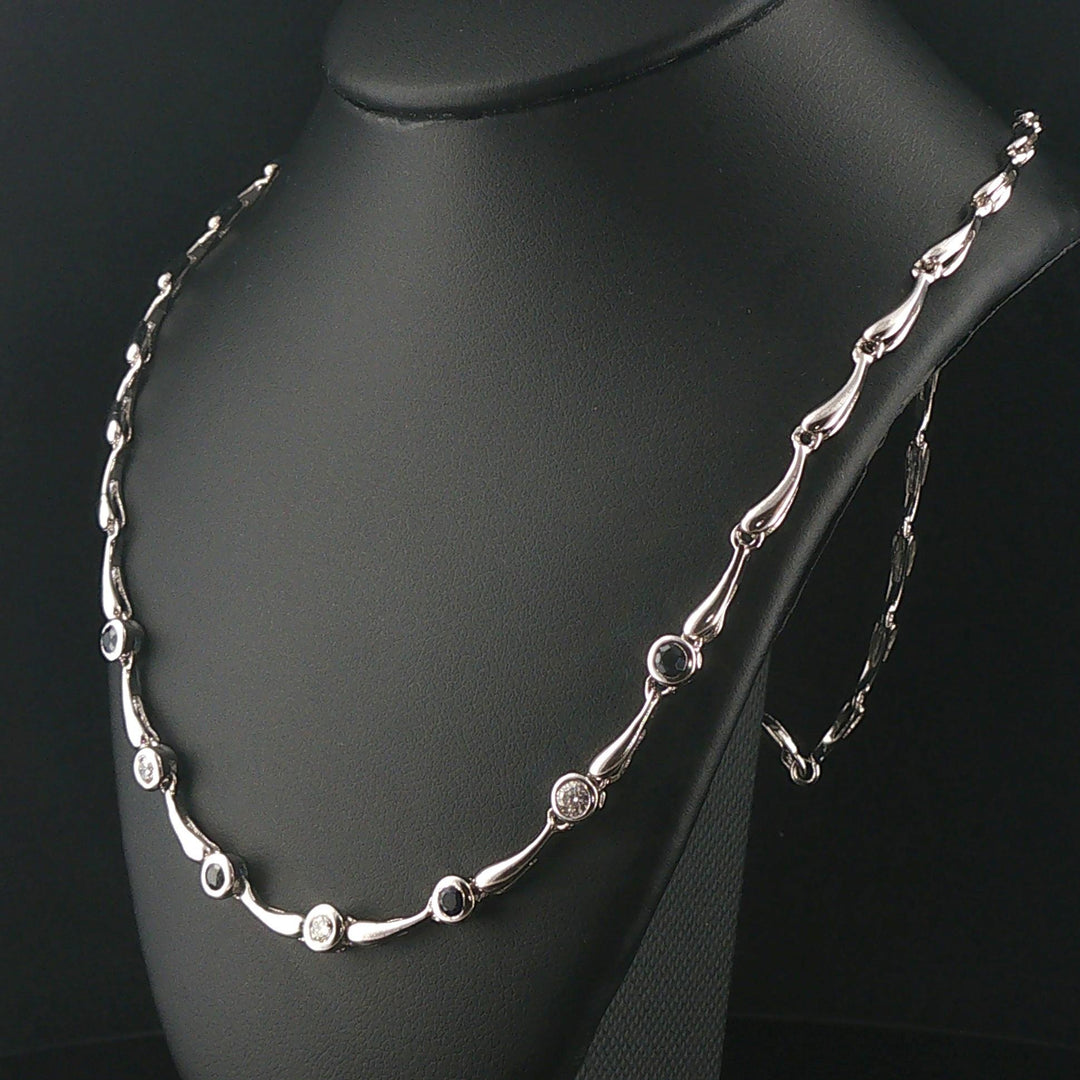 14k White Gold Bezel Set Sapphire and Diamond Fancy Link Necklace 18"