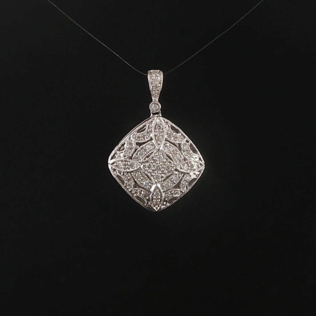 14k White Gold and Diamond Vintage Filigree Locket Pendant 1"