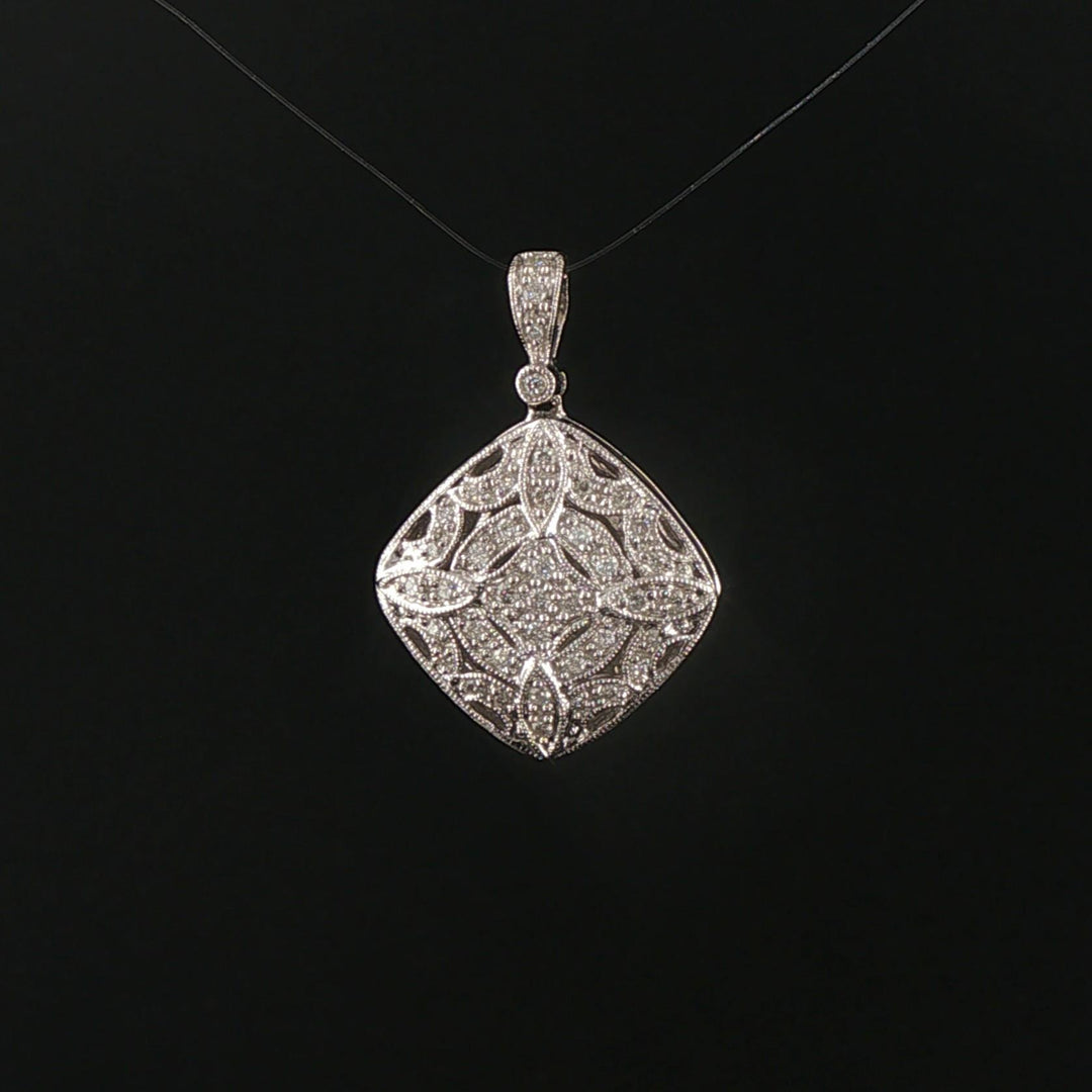 14k White Gold and Diamond Vintage Filigree Locket Pendant 1"