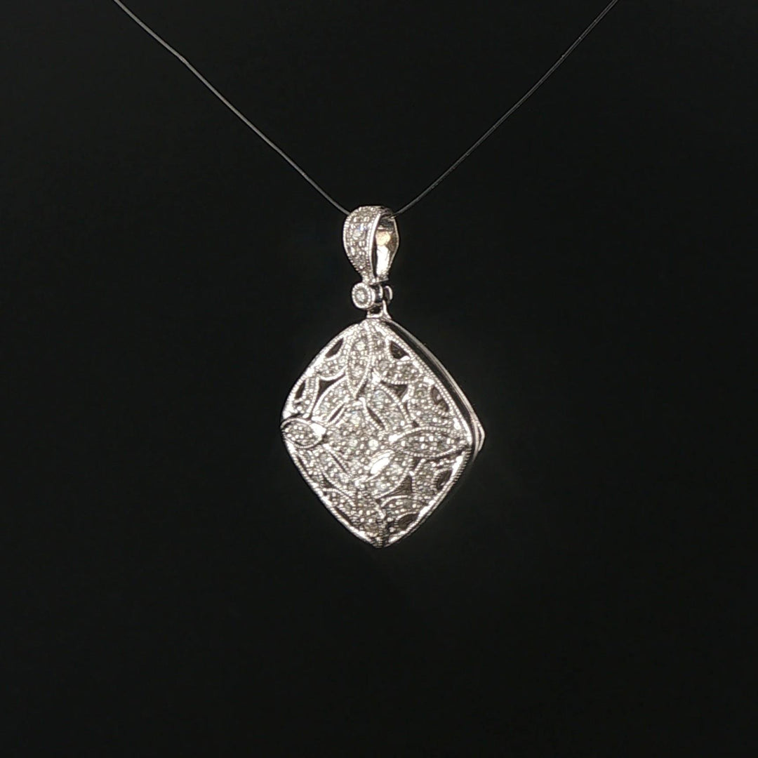 14k White Gold and Diamond Vintage Filigree Locket Pendant 1"