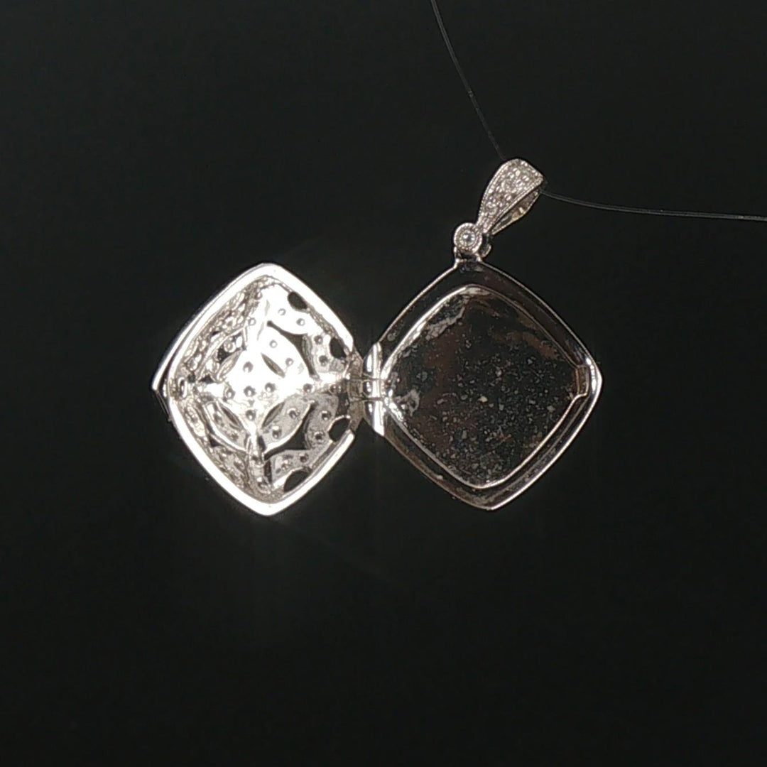 14k White Gold and Diamond Vintage Filigree Locket Pendant 1"