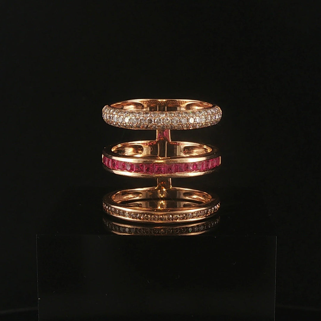 18k Rose Gold 1cttw Diamond and Ruby Unique Three Band Ring Size 8