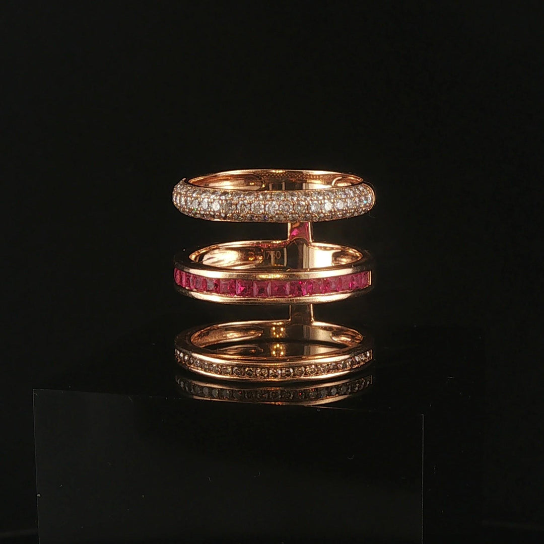 18k Rose Gold 1cttw Diamond and Ruby Unique Three Band Ring Size 8