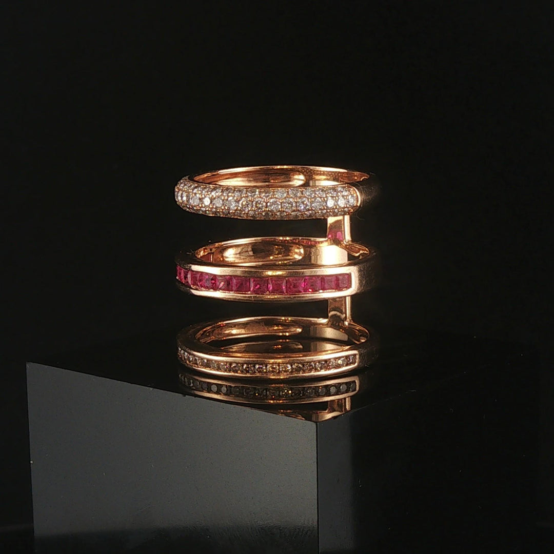 18k Rose Gold 1cttw Diamond and Ruby Unique Three Band Ring Size 8
