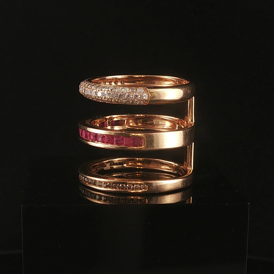 18k Rose Gold 1cttw Diamond and Ruby Unique Three Band Ring Size 8