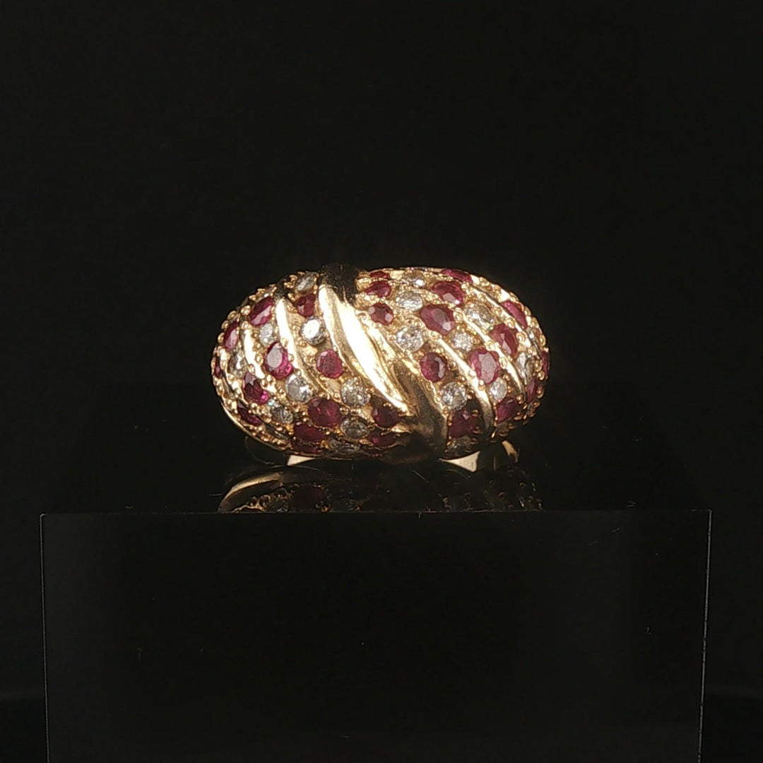 14k Yellow Gold 0.75cttw Diamond and Ruby Domed Bombe Ring Size 8.25