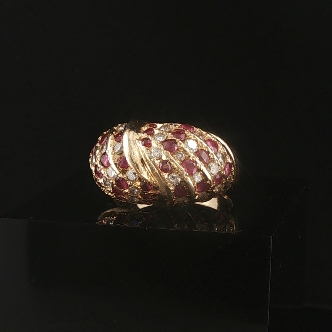 14k Yellow Gold 0.75cttw Diamond and Ruby Domed Bombe Ring Size 8.25