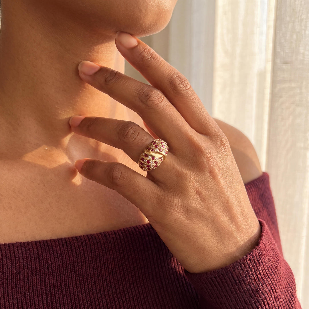 14k Yellow Gold 0.75cttw Diamond and Ruby Domed Bombe Ring Size 8.25