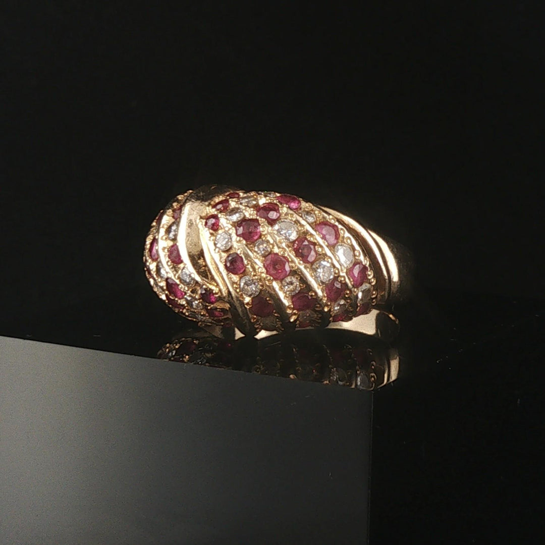14k Yellow Gold 0.75cttw Diamond and Ruby Domed Bombe Ring Size 8.25