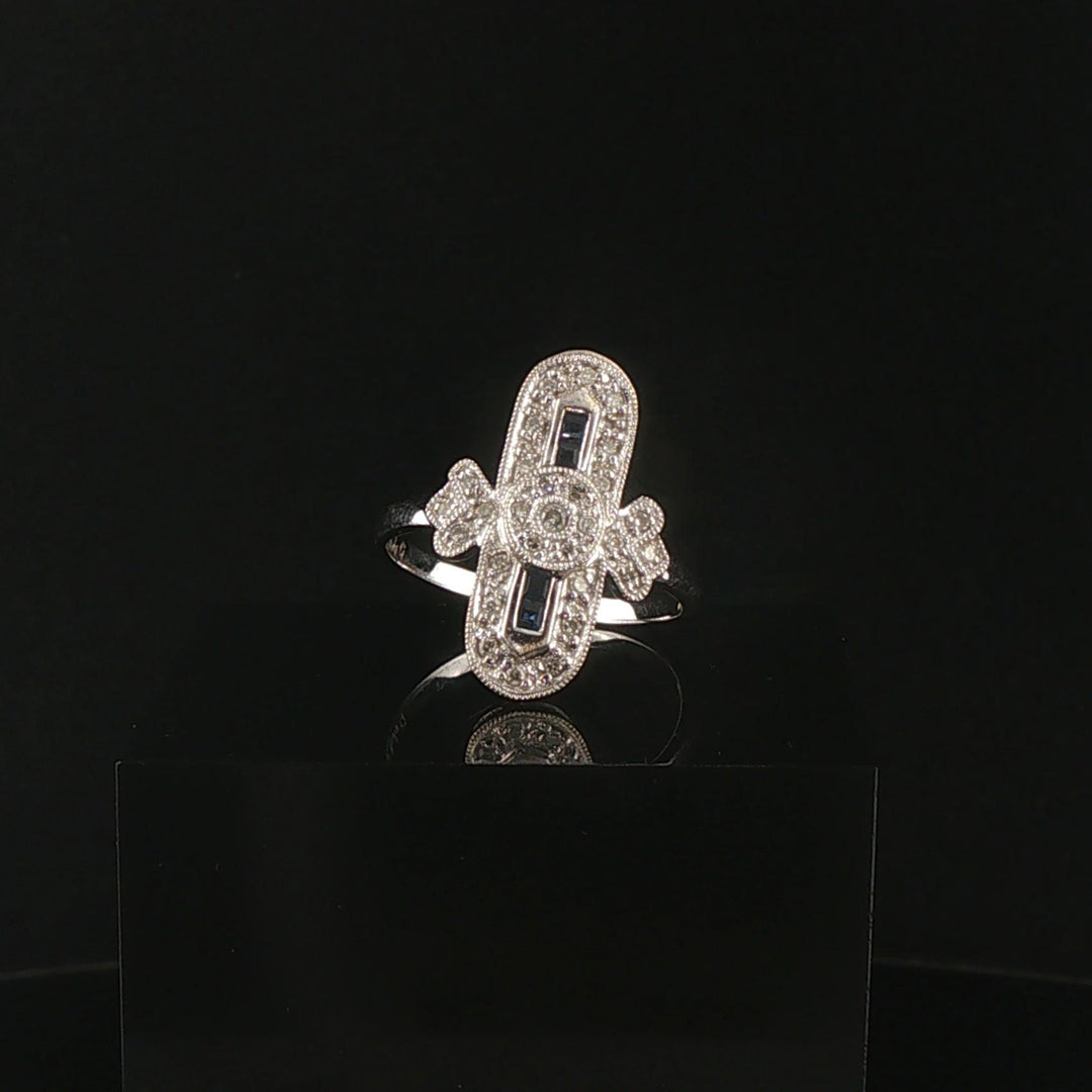 18k White Gold Sapphire and 0.25cttw Diamond Vintage Milgrain Ring Size 8