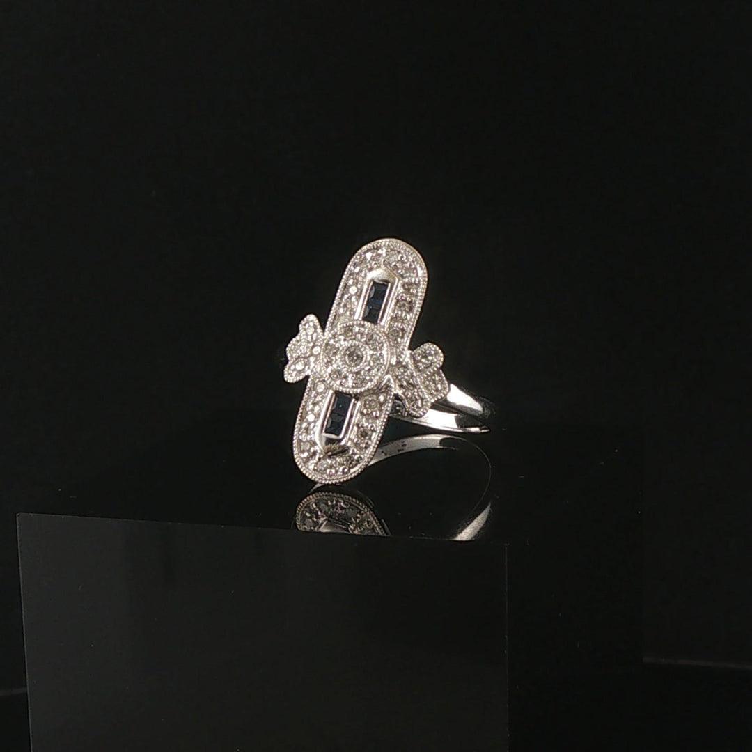 18k White Gold Sapphire and 0.25cttw Diamond Vintage Milgrain Ring Size 8