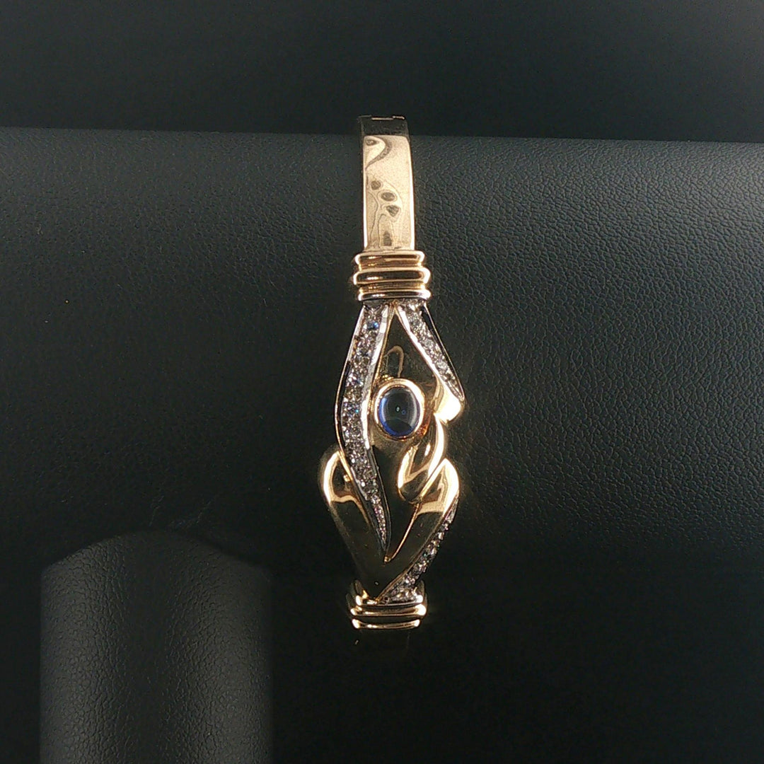 14k Yellow Gold 17.5g Cabochon Sapphire and Diamond Bangle Bracelet 7"