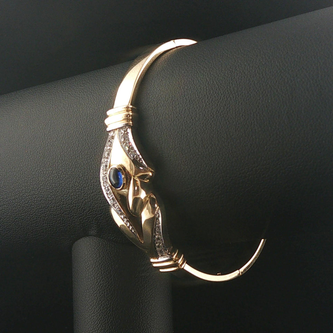 14k Yellow Gold 17.5g Cabochon Sapphire and Diamond Bangle Bracelet 7"