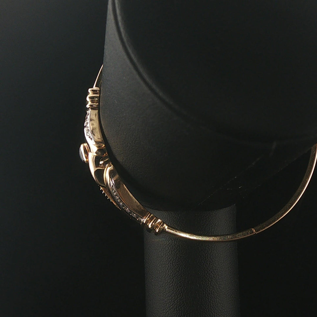 14k Yellow Gold 17.5g Cabochon Sapphire and Diamond Bangle Bracelet 7"