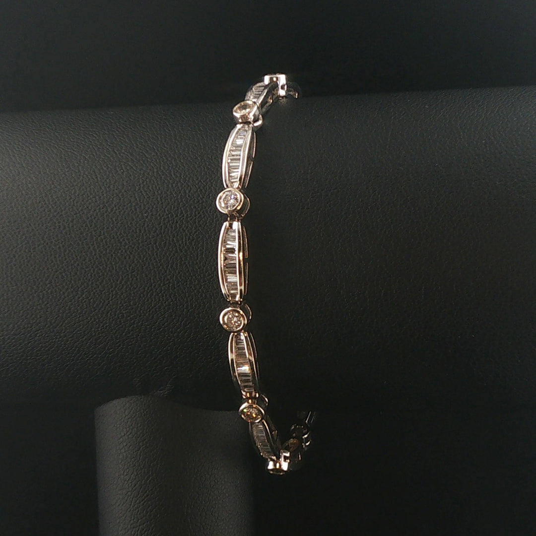 14k White Gold and 3cttw Round and Baguette Diamond Fancy Link Bracelet 7"