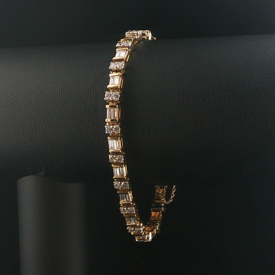 14k Two Tone Gold and 4cttw Round and Baguette Diamond Solid Link Bracelet 7.5"