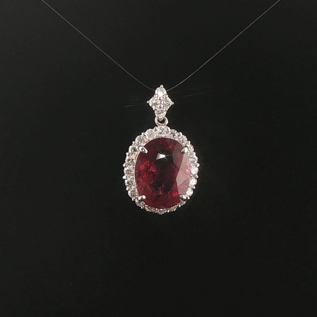 18k White Gold 6.5ct Rubellite Tourmaline and 1cttw Diamond Halo Pendant 1"