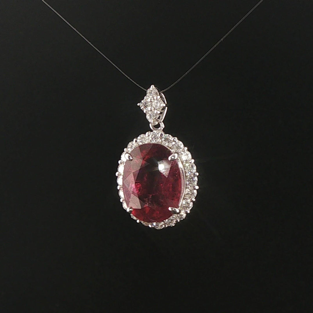 18k White Gold 6.5ct Rubellite Tourmaline and 1cttw Diamond Halo Pendant 1"