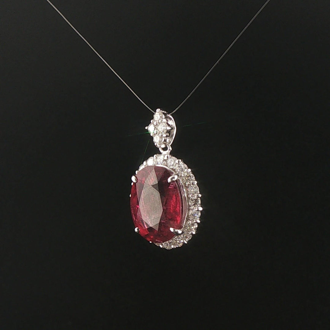 18k White Gold 6.5ct Rubellite Tourmaline and 1cttw Diamond Halo Pendant 1"