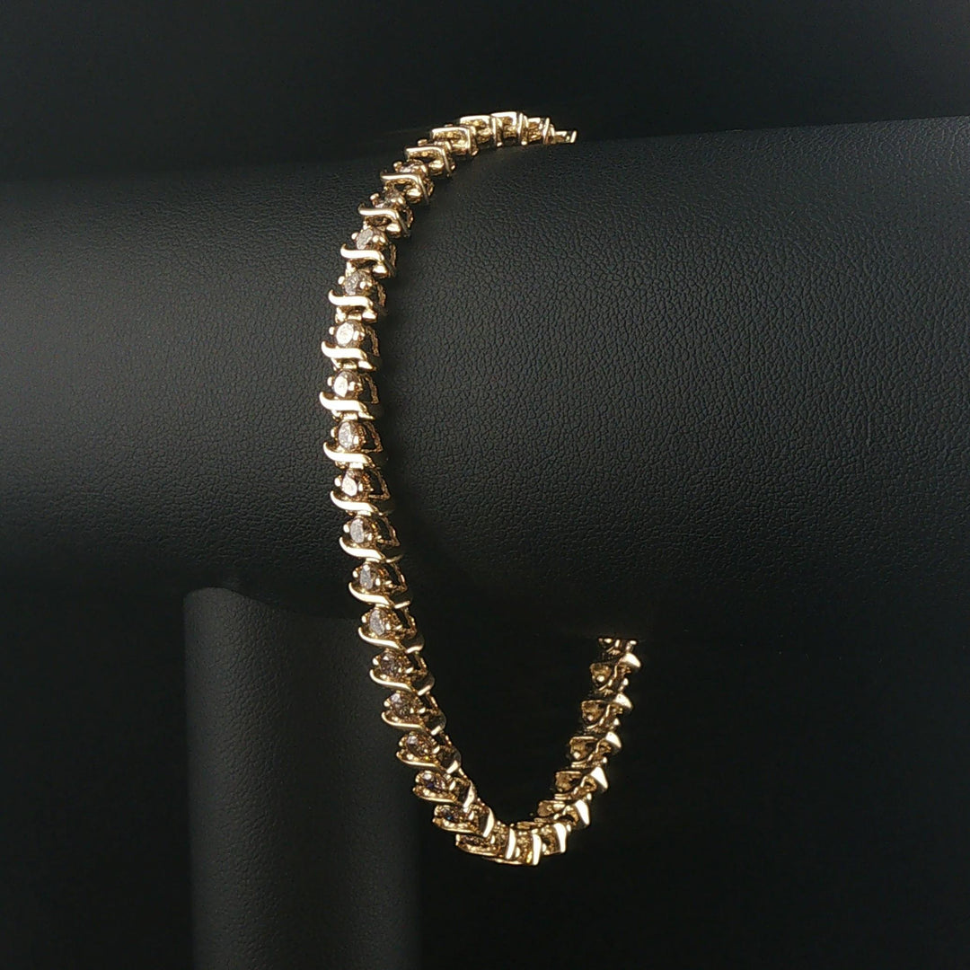 14k Yellow Gold and 3cttw Diamond Solid S Link Vintage Tennis Bracelet 8"
