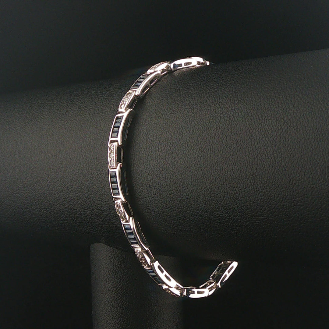 14k White Gold Sapphire and 0.65cttw Diamond Vintage Link Bracelet 7"