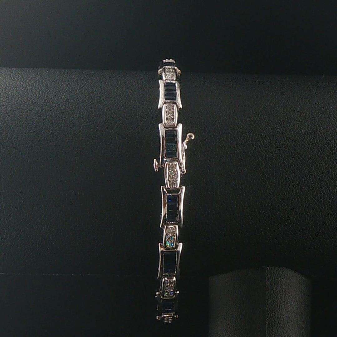 14k White Gold Sapphire and 0.65cttw Diamond Vintage Link Bracelet 7"