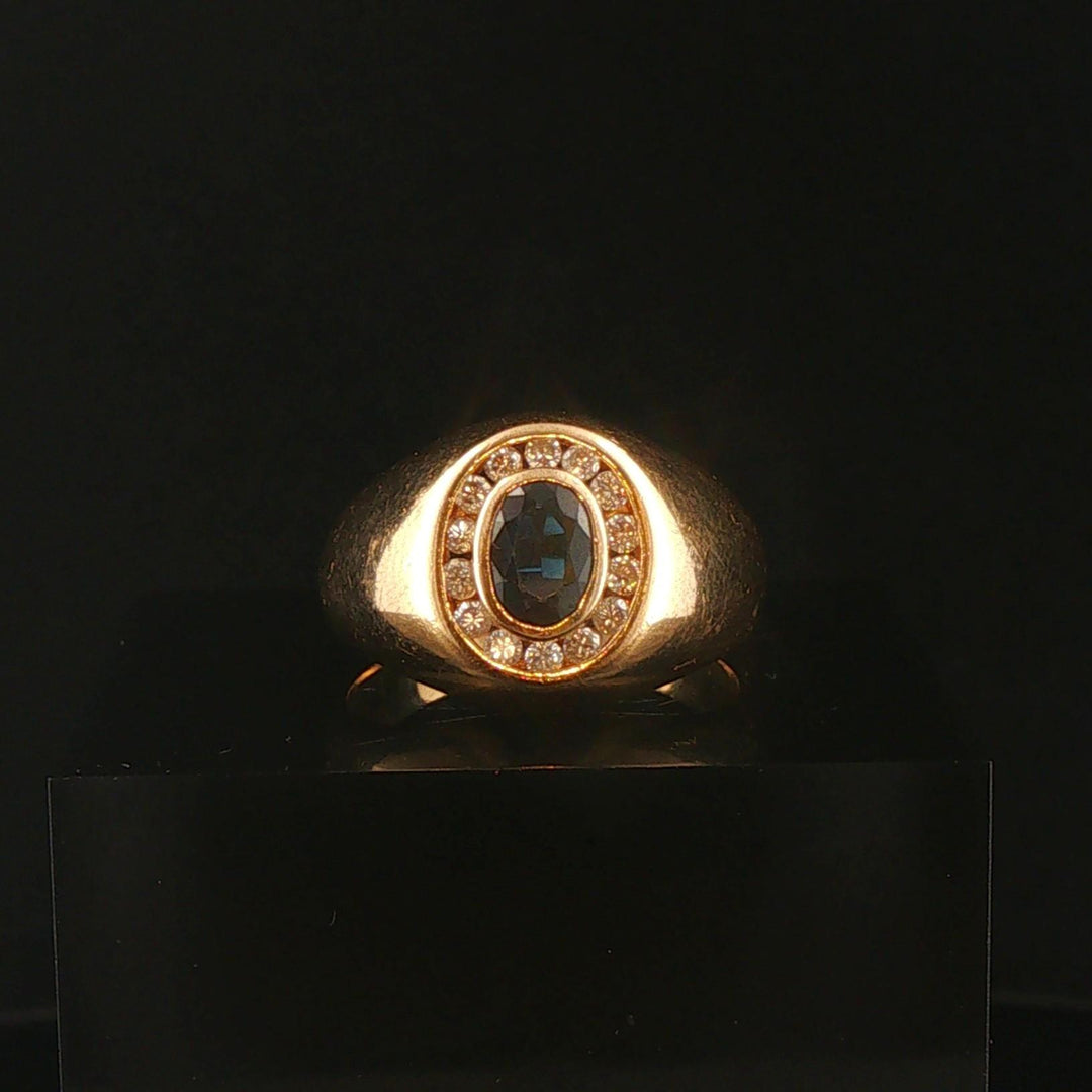 14k Yellow Gold Blue Sapphire and Diamond Signet Halo Ring Size 8.25