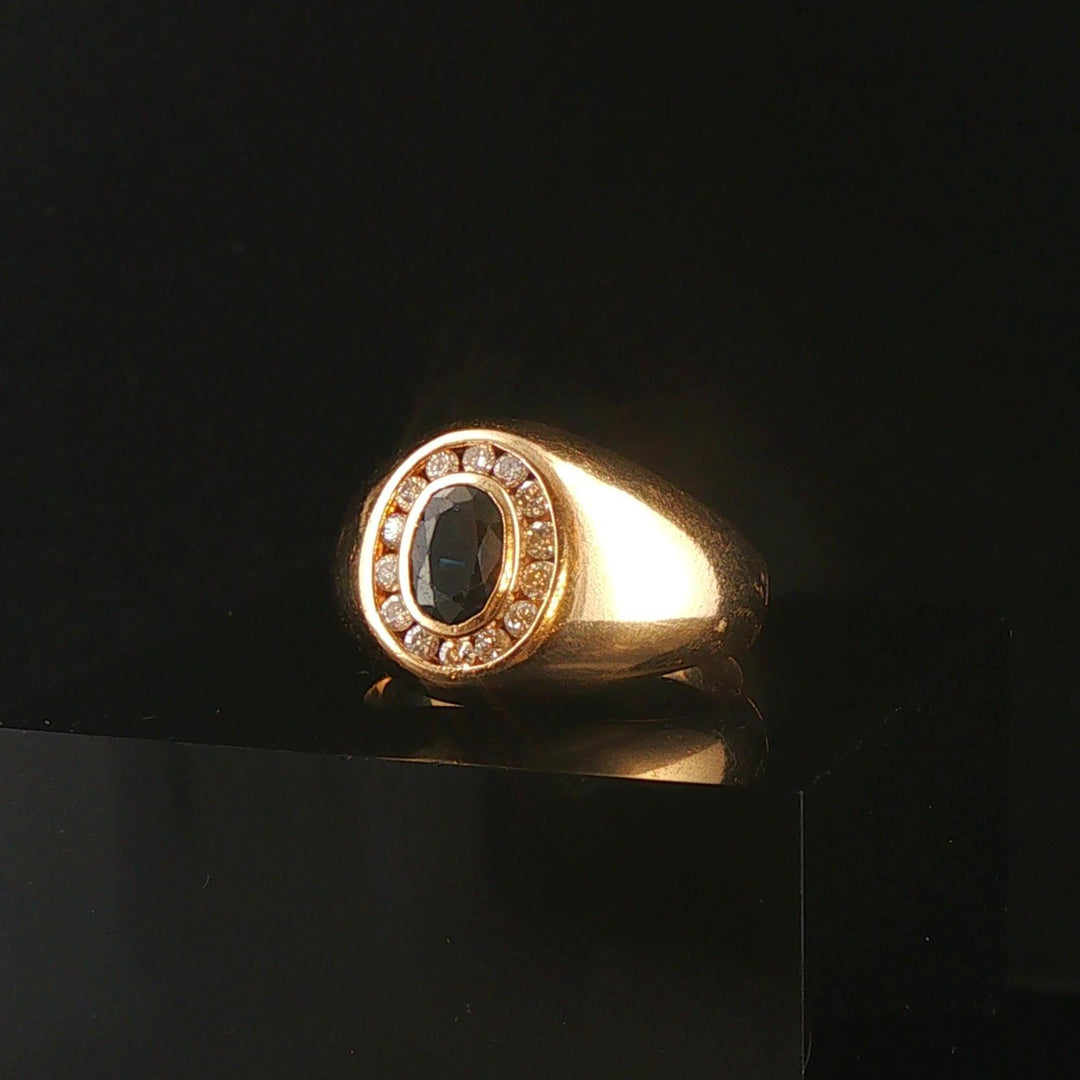 14k Yellow Gold Blue Sapphire and Diamond Signet Halo Ring Size 8.25