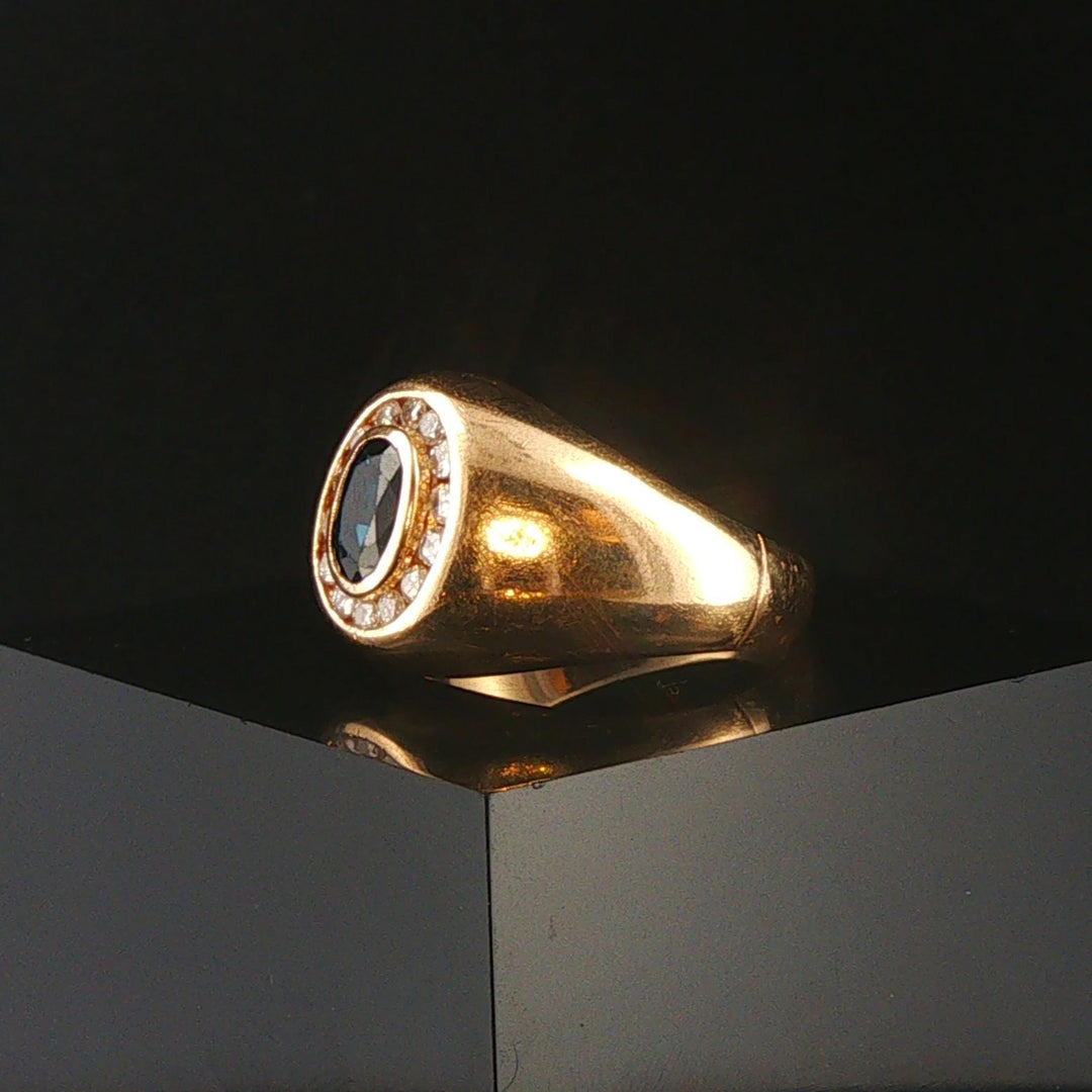 14k Yellow Gold Blue Sapphire and Diamond Signet Halo Ring Size 8.25
