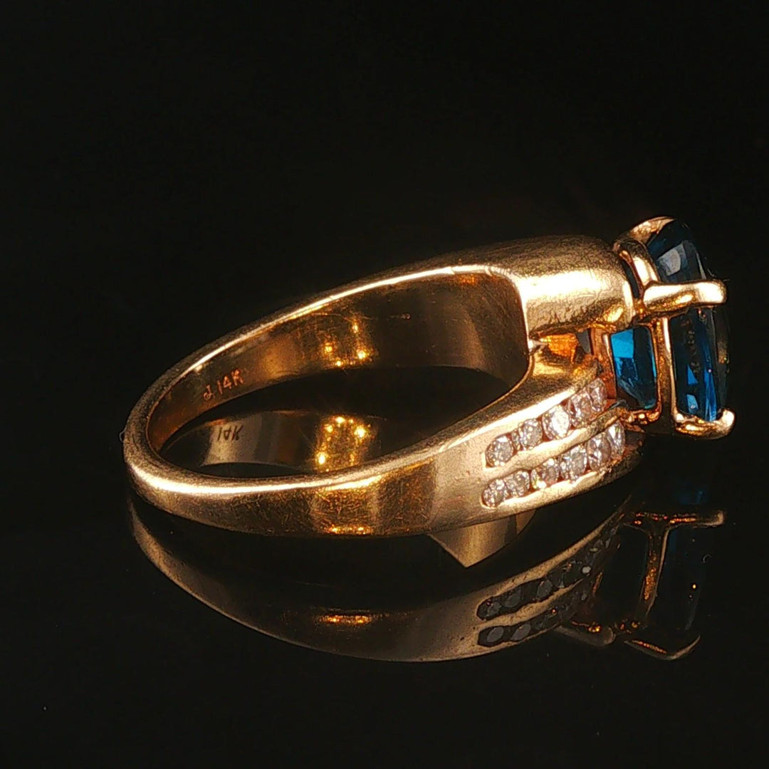 14k Yellow Gold London Blue Topaz and Diamond Ring Size 6.25