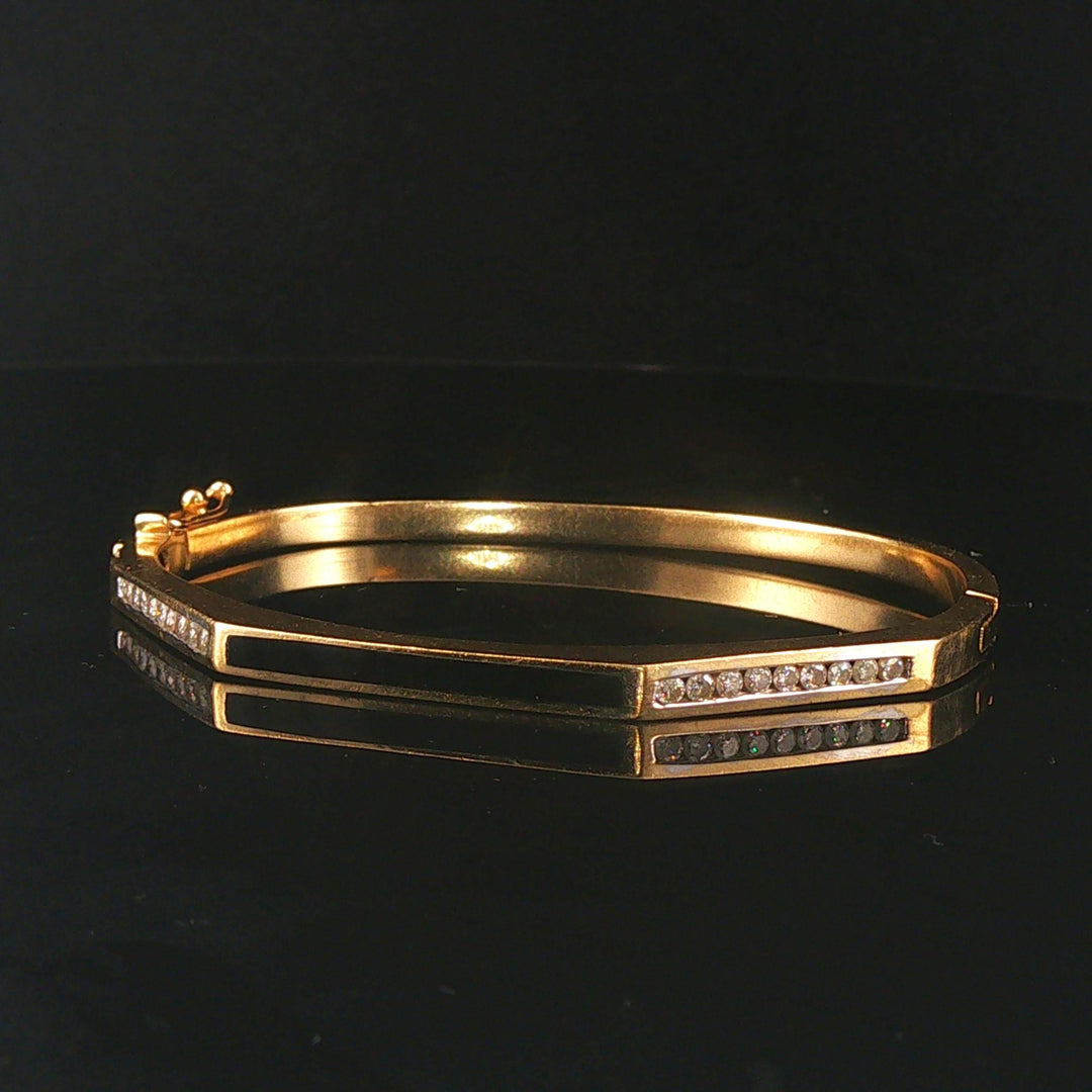 14k Yellow Gold Onyx Inlay and 0.40cttw Diamond Solid Bangle Bracelet 6.75"
