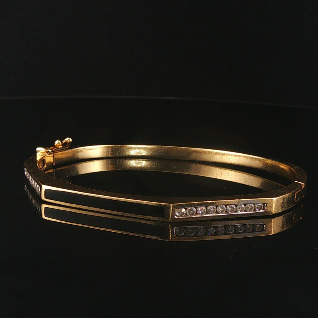 14k Yellow Gold Onyx Inlay and 0.40cttw Diamond Solid Bangle Bracelet 6.75"