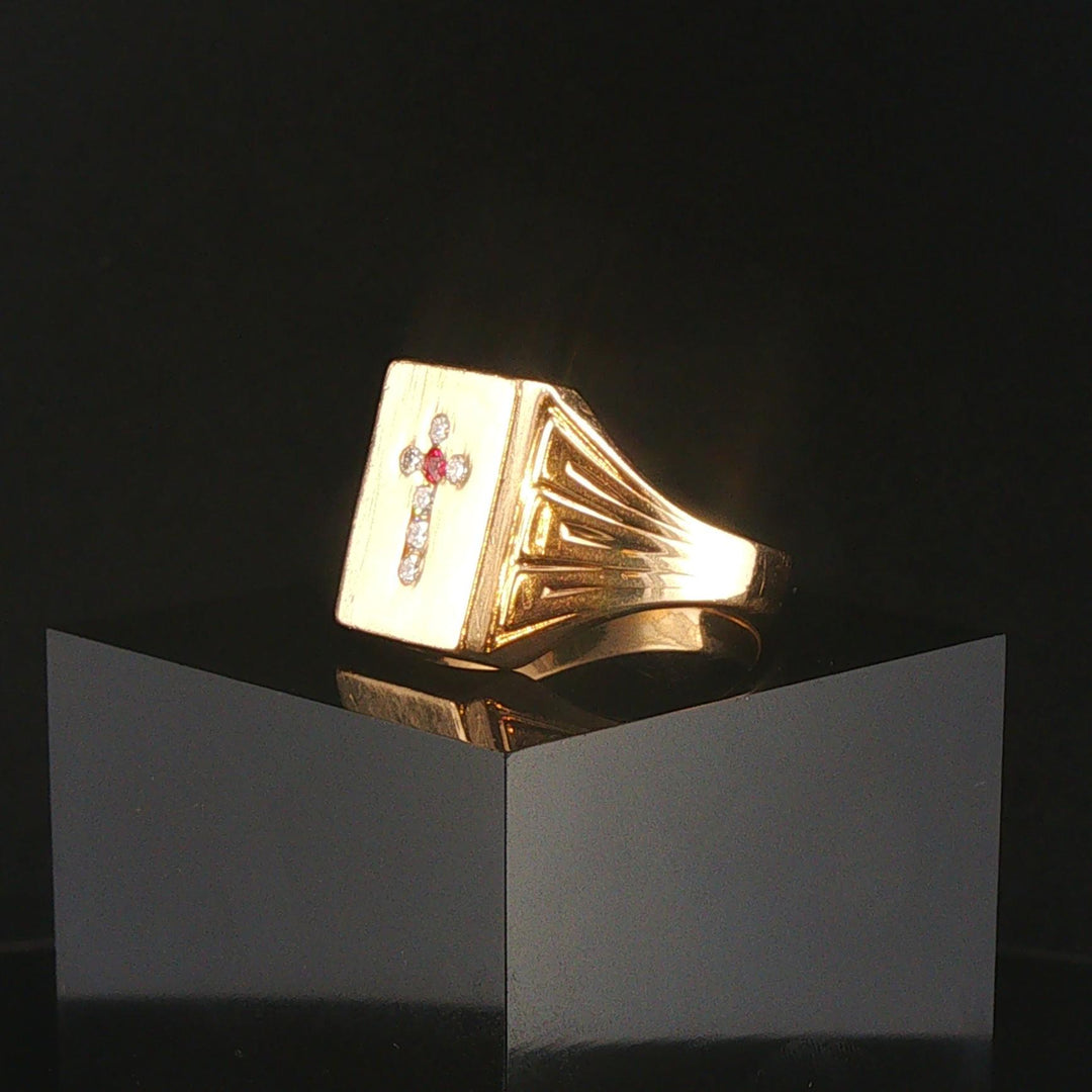 14k Yellow Gold Ruby and Diamond 15.5g Solid Vintage Men's Cross Ring Size 12
